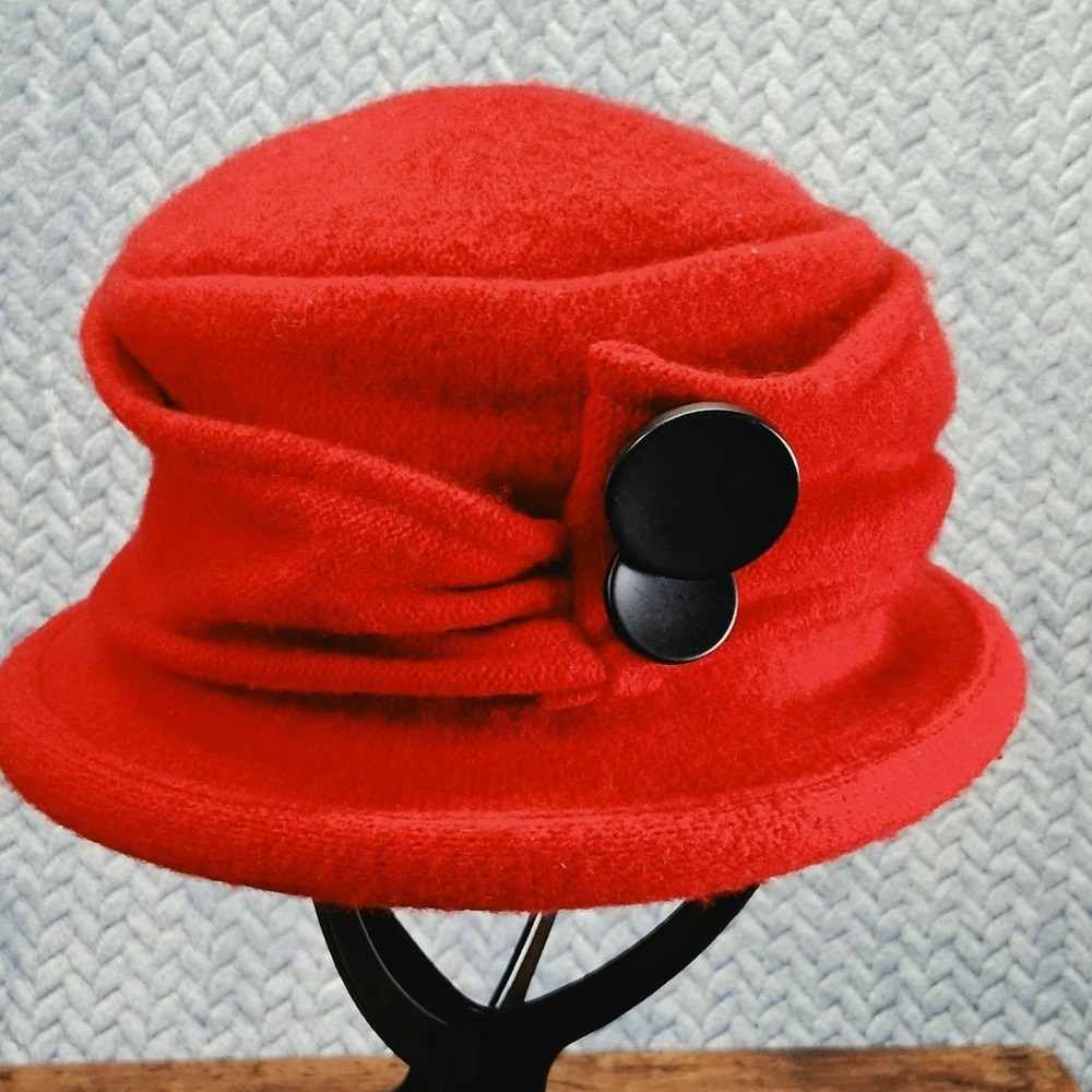 Adora Red Wool Cloche Hat Vintage Style Black Button Detail One Size